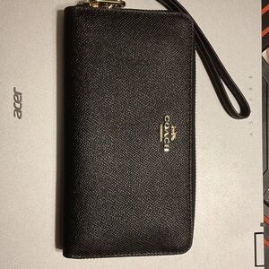 Coach Black Textured Wristlet with Gold Logo